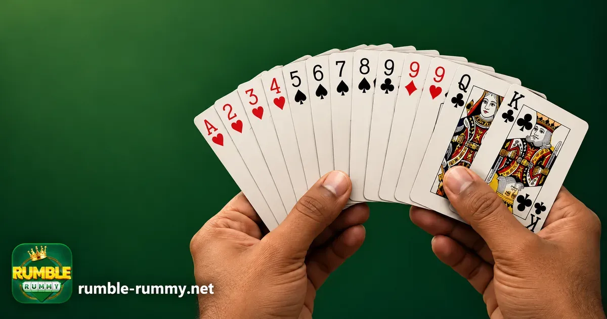 13 card rummy rules: a hand of playing cards fanned out and grouped by suit