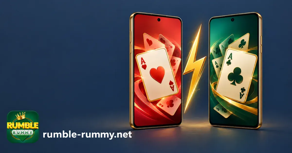 ABC Rummy vs Rumble Rummy: red and green phones split by a gold lightning bolt