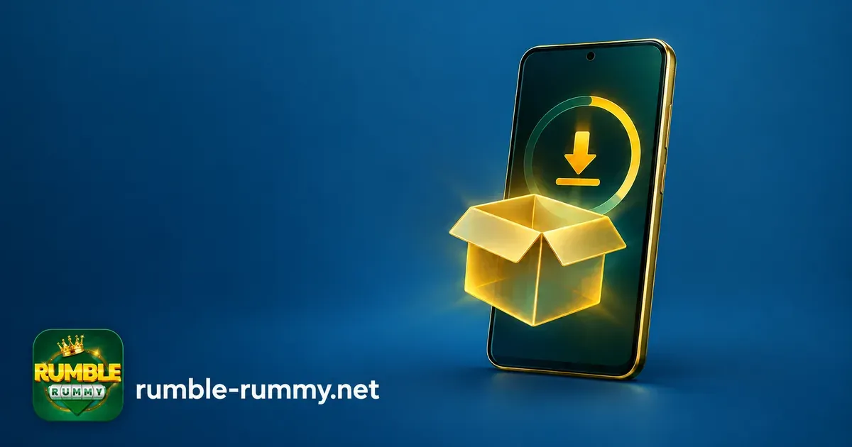 Rumble Rummy APK download: phone with a gold download arrow and an open package box