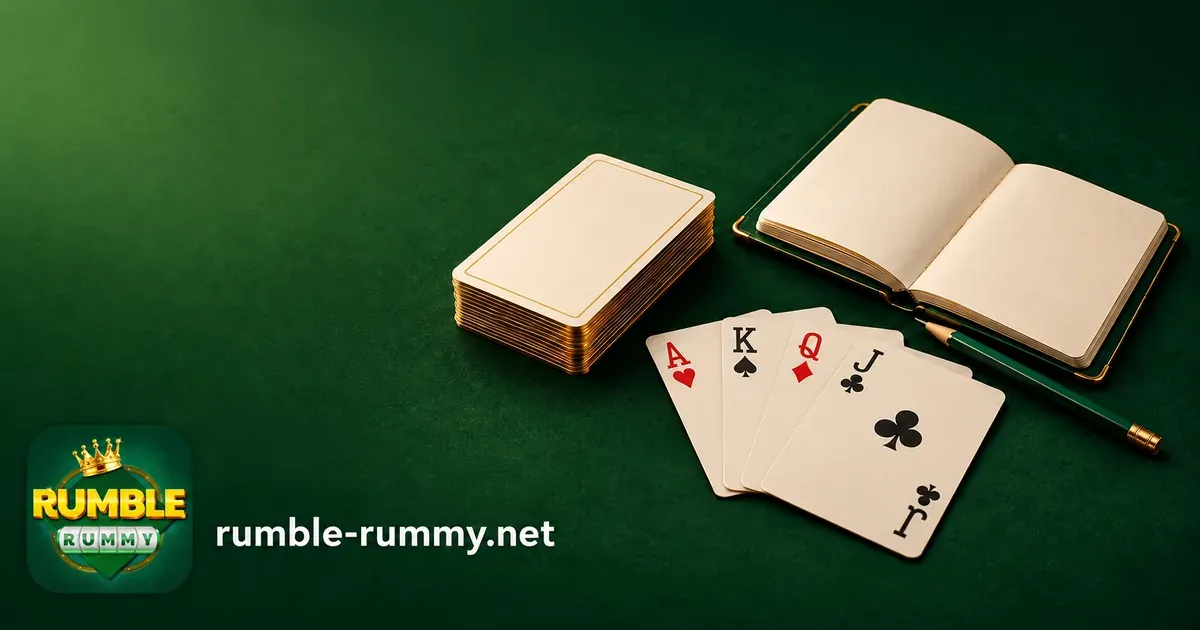 Rummy tips and rules: card deck, ace, king, queen and jack and an open notebook on green felt