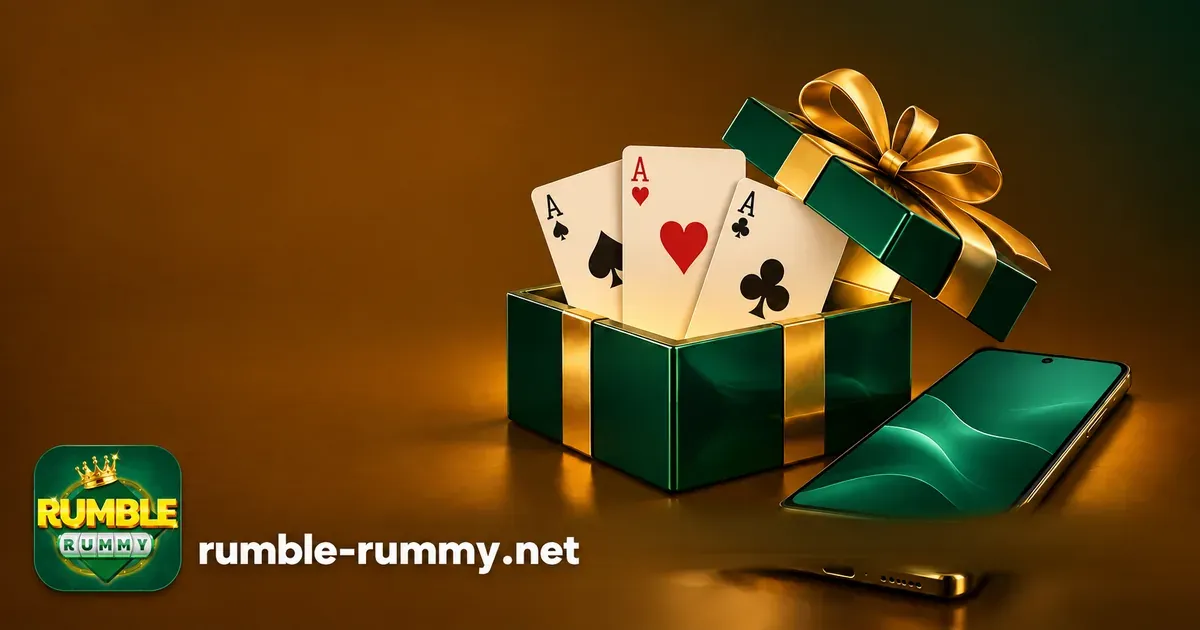 Rumble Rummy bonus: green gift box with three aces next to a phone