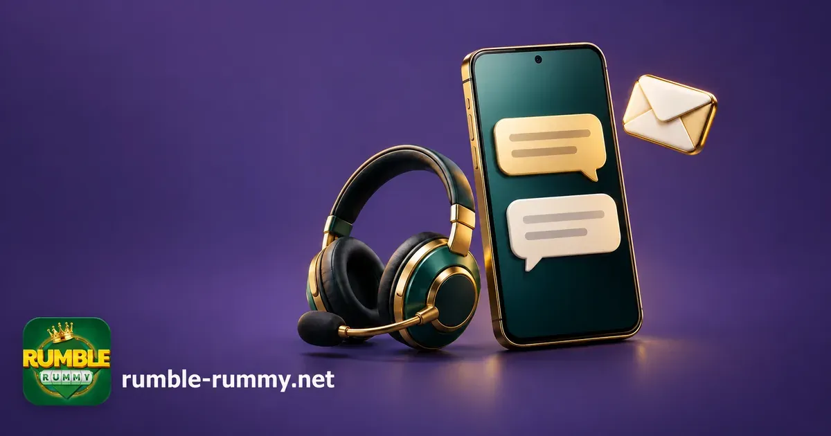 Rumble Rummy customer care: headset next to a phone with chat bubbles and an email icon