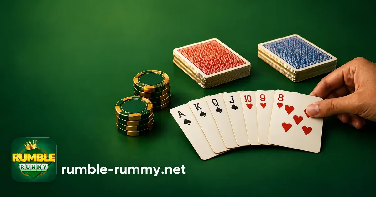 Deals rummy rules: chip stacks, two card decks and a dealt hand on green felt