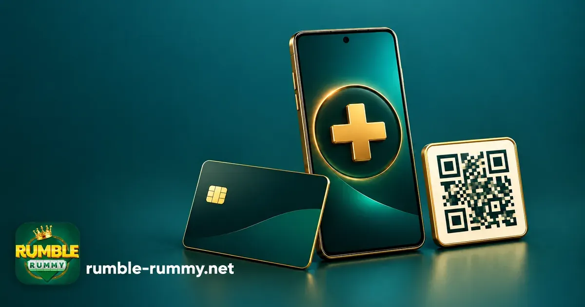 Rumble Rummy deposit: phone with a gold plus button, a bank card and a UPI QR code
