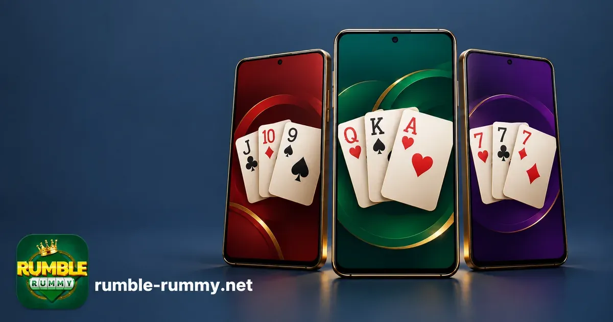 Free rummy app India: three phones with rummy cards in red, green and purple