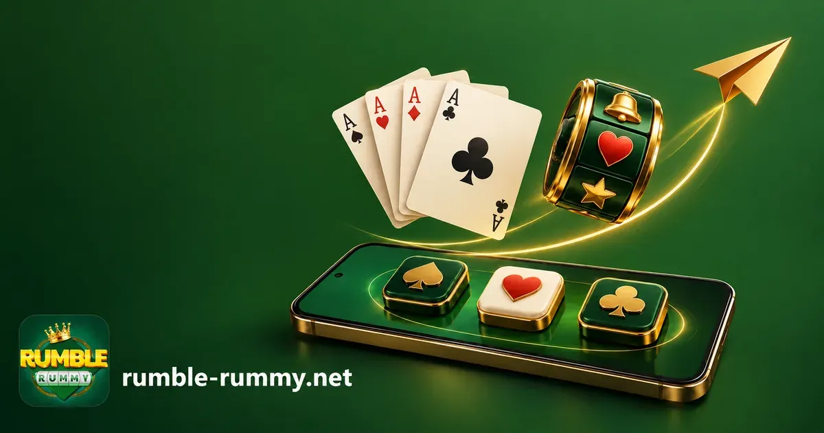 Rumble Rummy games: four aces, a slot reel and an Aviator style paper plane above a phone