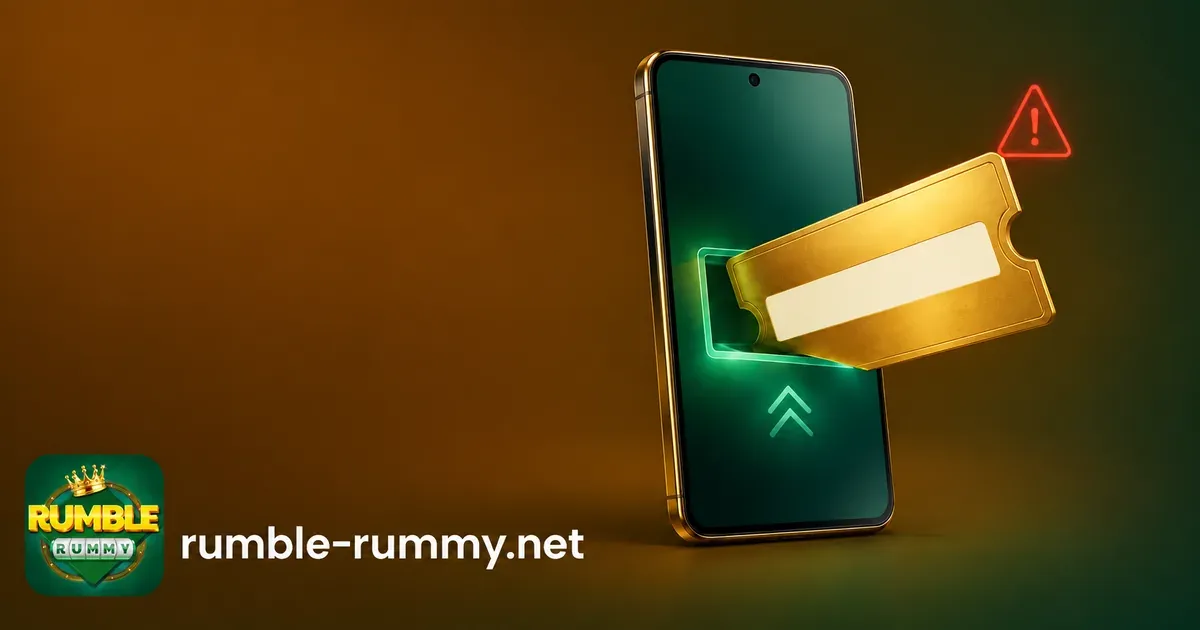 Rumble Rummy gift code: gold voucher going into a phone, with a red scam warning sign