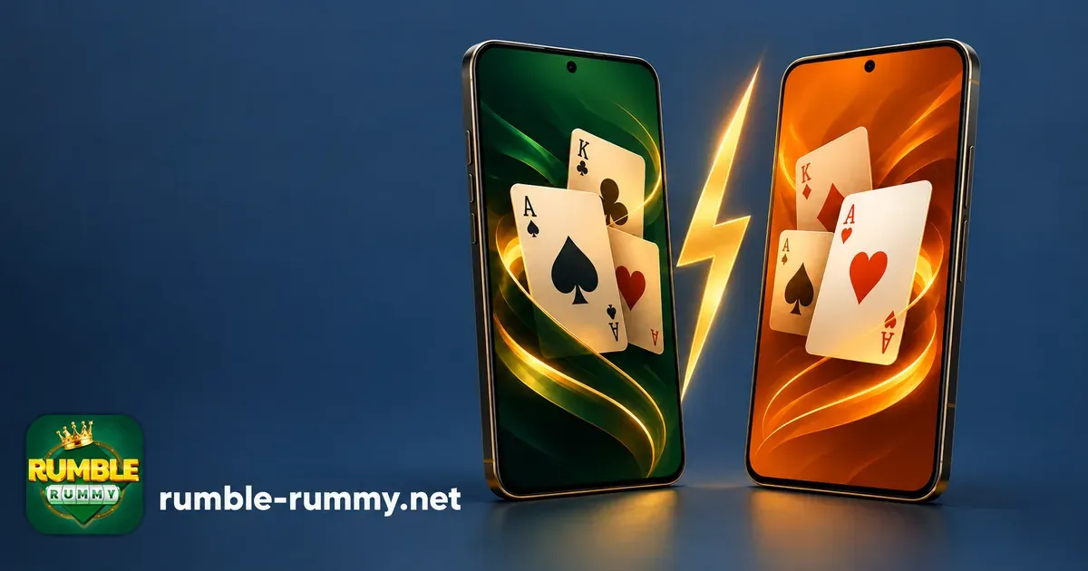 Rumble Rummy vs Gogo Rummy: green and orange phones split by a gold lightning bolt