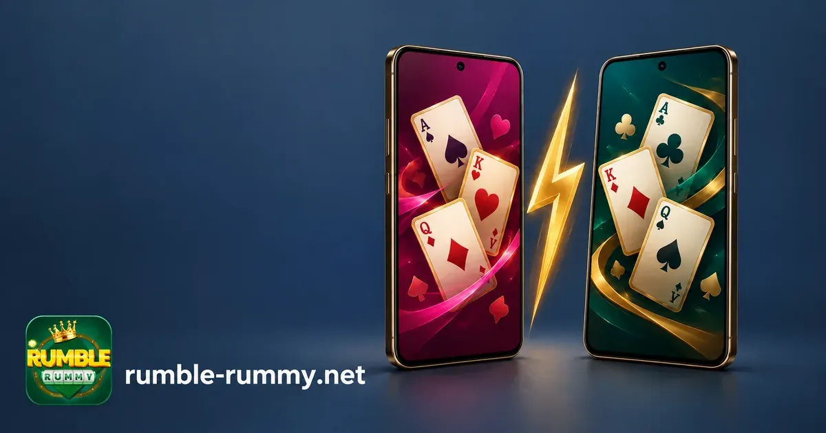 Hi Rummy vs Rumble Rummy: magenta and green phones split by a gold lightning bolt
