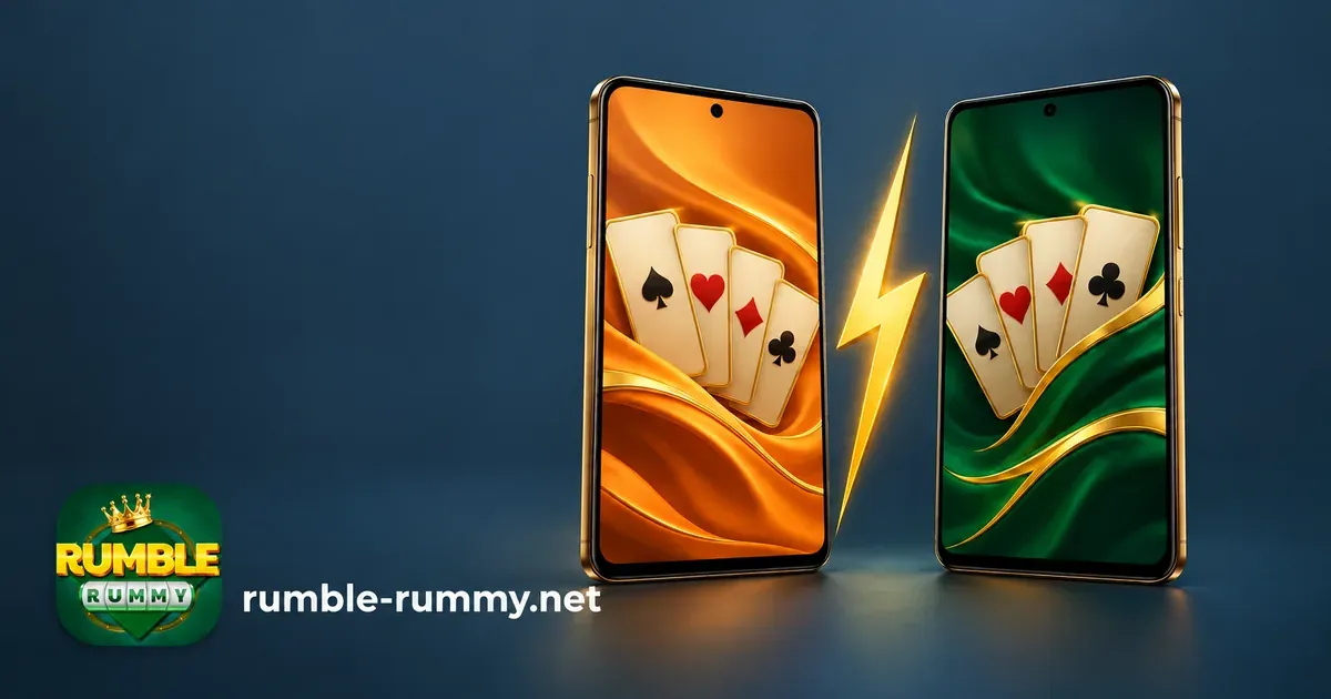 Ind Rummy vs Rumble Rummy: orange and green phones split by a gold lightning bolt