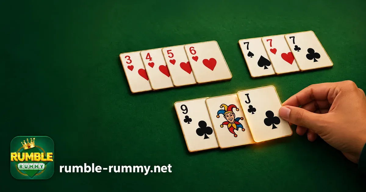 Indian rummy rules: a pure sequence of hearts, a set of three sevens and a sequence with a joker