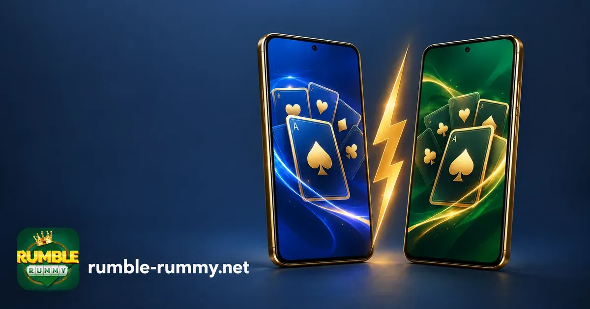 Indo Rummy vs Rumble Rummy: blue and green phones split by a gold lightning bolt