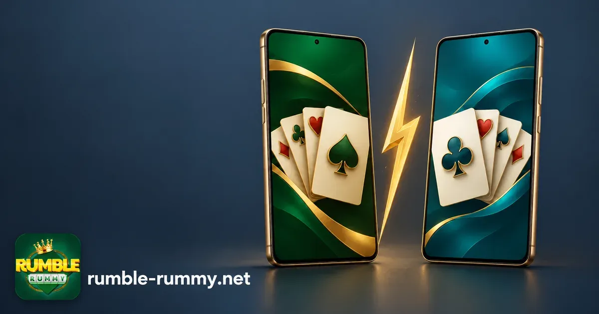 Rumble Rummy vs OK Rummy: green and teal phones split by a gold lightning bolt
