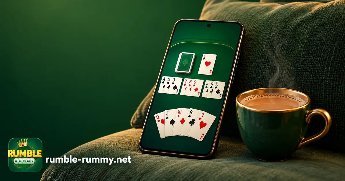 Play rummy online free: practice rummy table on a phone next to a cup of chai