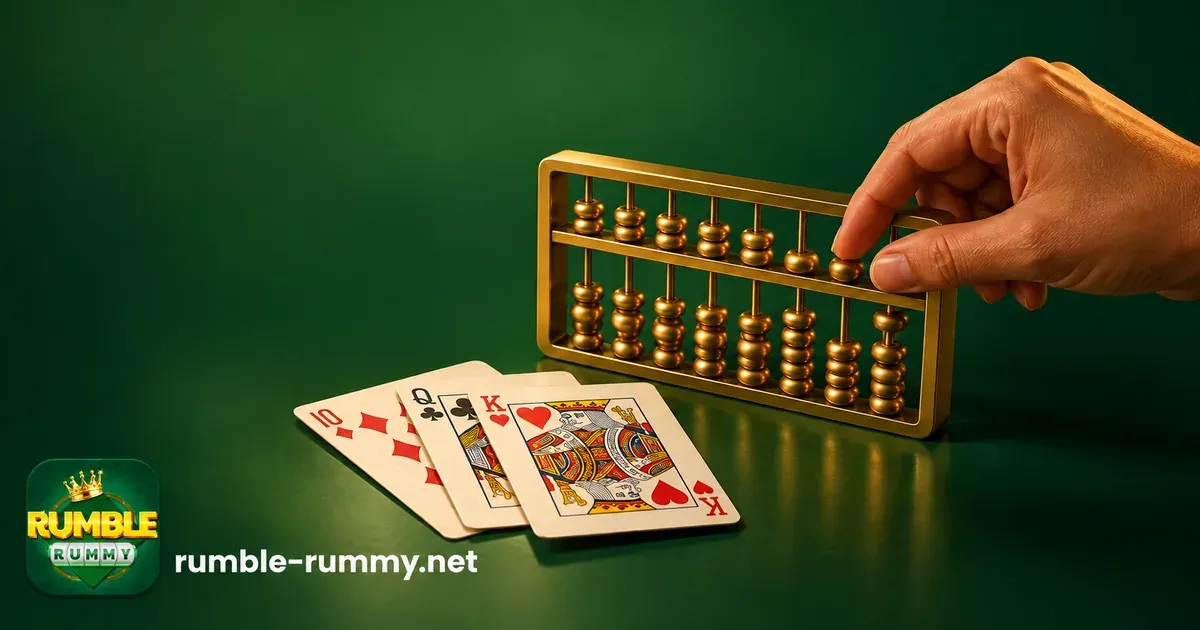 Points rummy rules: counting points on a gold abacus next to a 10, queen and king