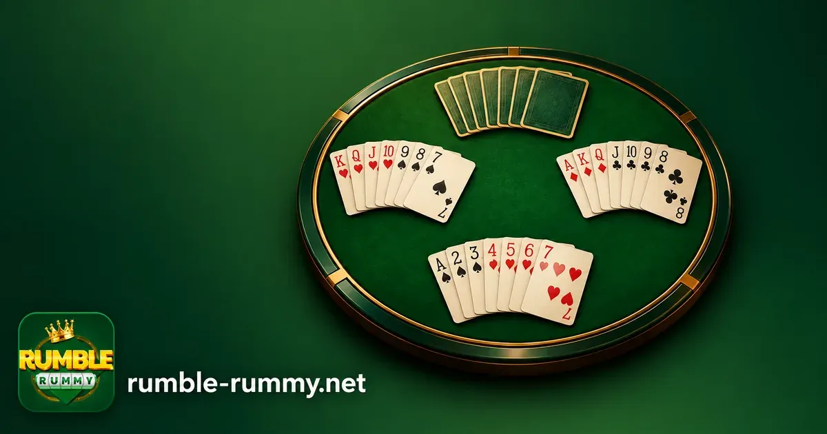Pool rummy rules: three player hands and the deck on a round rummy table