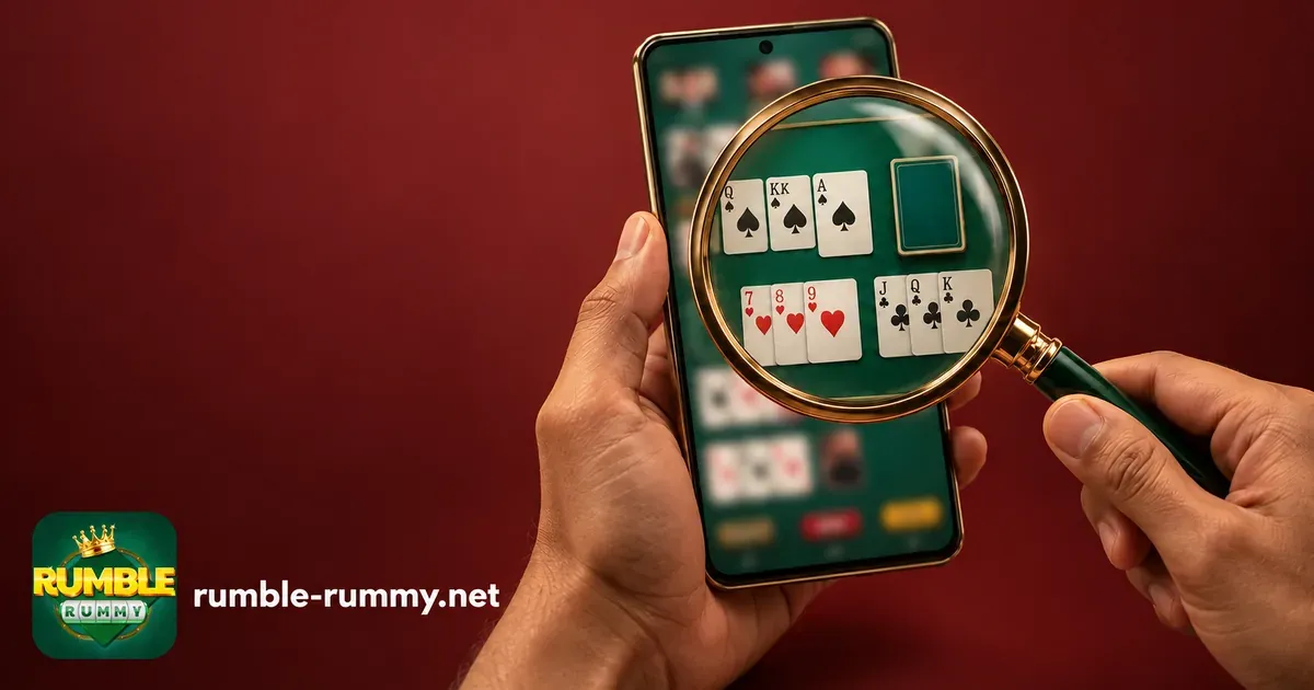 Rumble Rummy real or fake check: magnifying glass over rummy cards on a phone screen