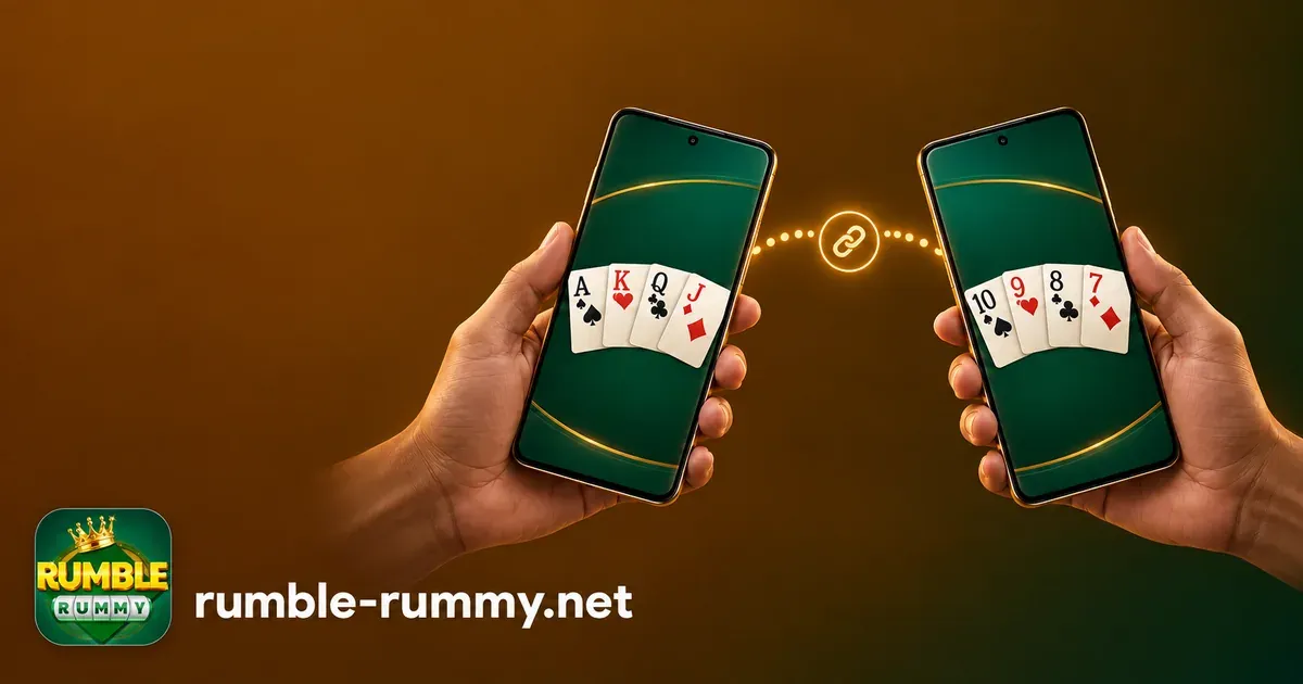 Rumble Rummy refer and earn: two phones with rummy cards linked by a gold invite line