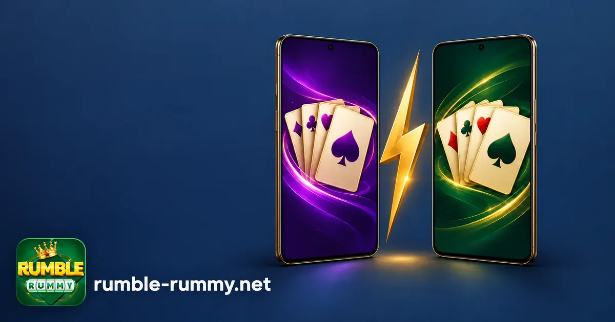 Rummy91 vs Rumble Rummy: purple and green phones split by a gold lightning bolt