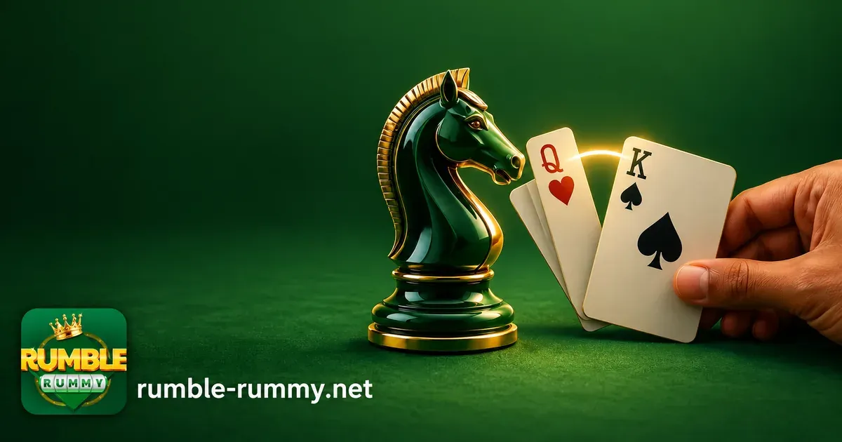 Rummy strategy: chess knight beside a hand holding the queen of hearts and king of spades