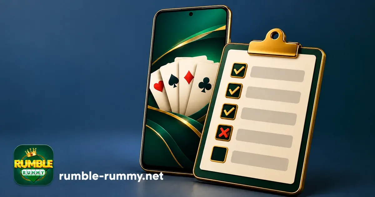Top rummy app checklist on a clipboard next to a phone with playing cards