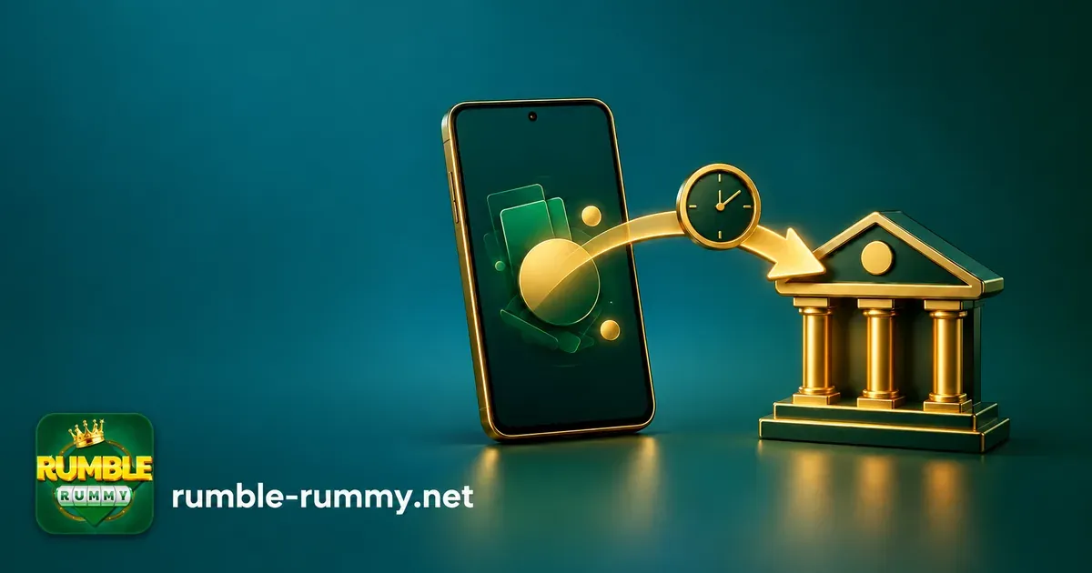 Rumble Rummy withdrawal: gold arrow from a phone to a bank, with a clock for processing time