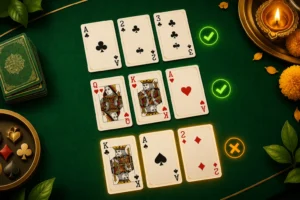 Indian rummy rules: a complete winning hand of 13 cards on a festive green table