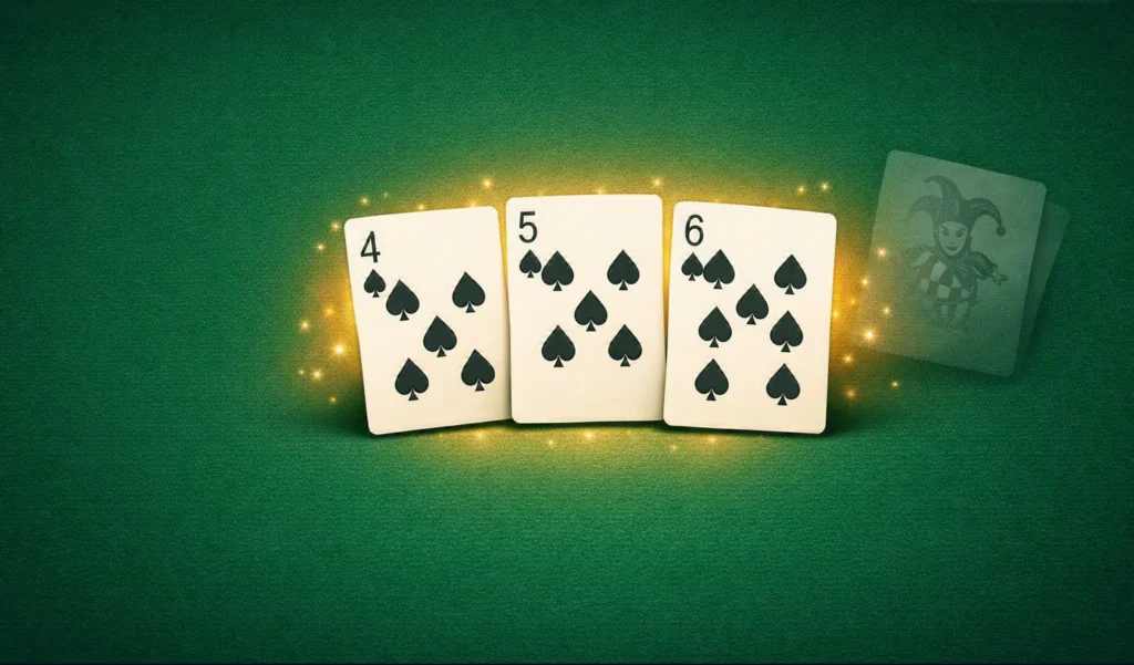 Pure sequence in rummy: three consecutive cards of the same suit with no joker