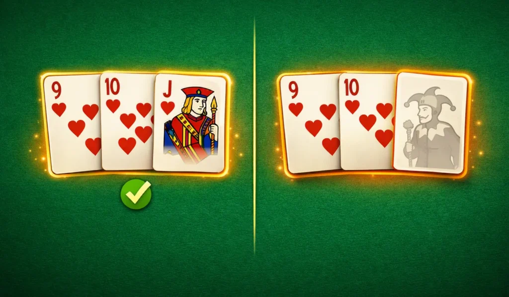 Pure sequence versus impure sequence in rummy compared side by side